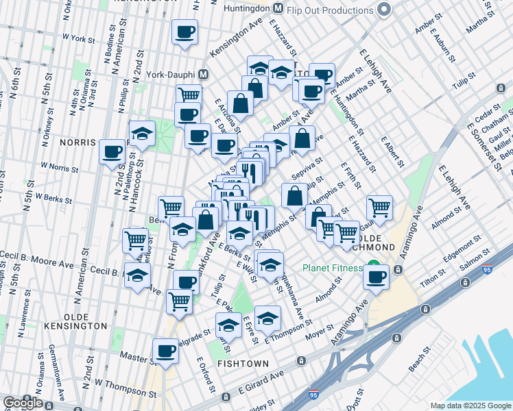 map of restaurants, bars, coffee shops, grocery stores, and more near 2211 Sepviva Street in Philadelphia