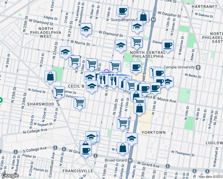 map of restaurants, bars, coffee shops, grocery stores, and more near 1706 Willington Street in Philadelphia