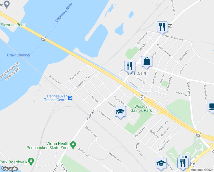 map of restaurants, bars, coffee shops, grocery stores, and more near 424 Engard Avenue in Pennsauken Township