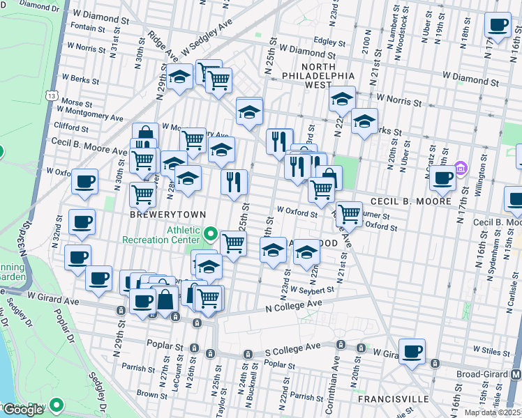 map of restaurants, bars, coffee shops, grocery stores, and more near 2442 West Oxford Street in Philadelphia