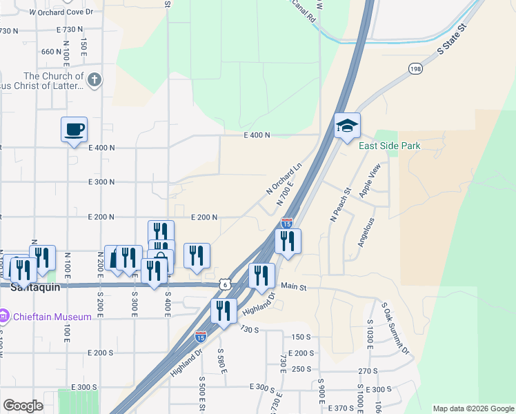 map of restaurants, bars, coffee shops, grocery stores, and more near 646 East 180 North in Santaquin