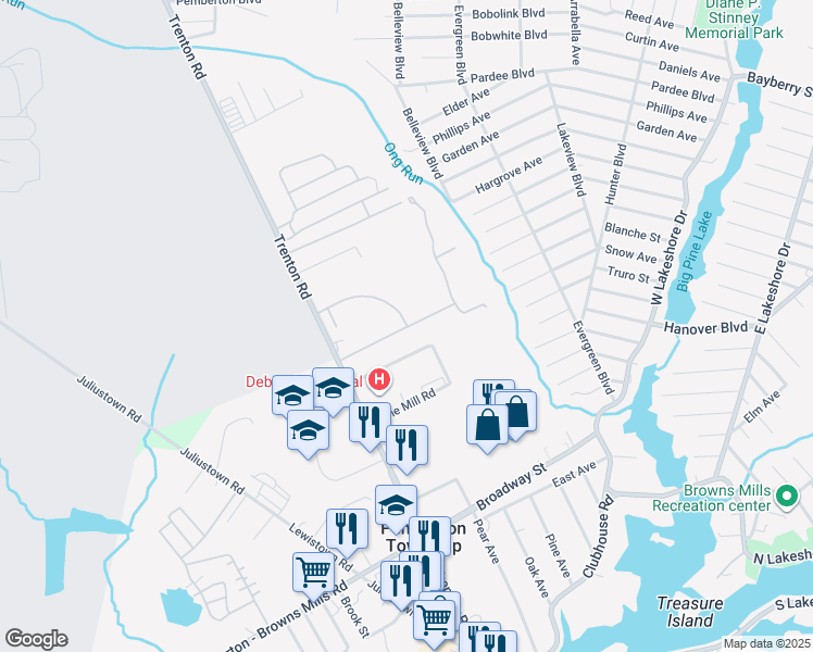 map of restaurants, bars, coffee shops, grocery stores, and more near 13 Lawrence Drive in Pemberton Township