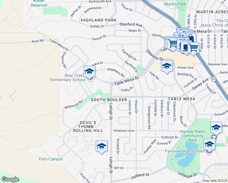 map of restaurants, bars, coffee shops, grocery stores, and more near 1050 Lehigh Street in Boulder