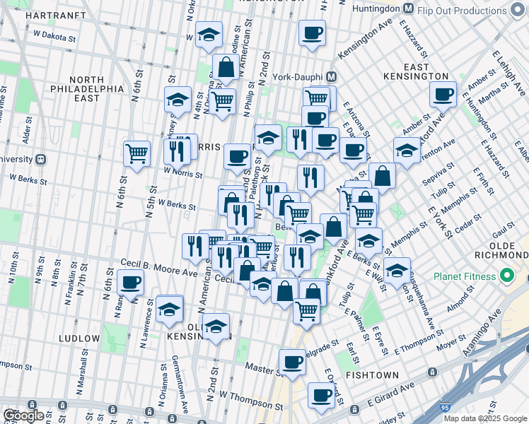 map of restaurants, bars, coffee shops, grocery stores, and more near 1900 Mutter Street in Philadelphia