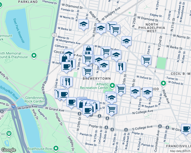 map of restaurants, bars, coffee shops, grocery stores, and more near 1522 North 28th Street in Philadelphia
