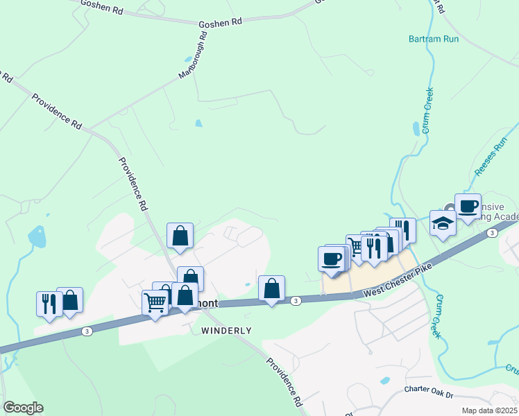 map of restaurants, bars, coffee shops, grocery stores, and more near 3951 Providence Road in Newtown Square
