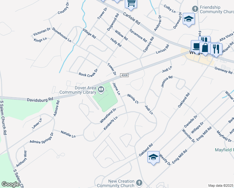 map of restaurants, bars, coffee shops, grocery stores, and more near 3186 Jayne Lane in Dover