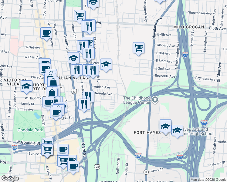 map of restaurants, bars, coffee shops, grocery stores, and more near 329 Auden Avenue in Columbus