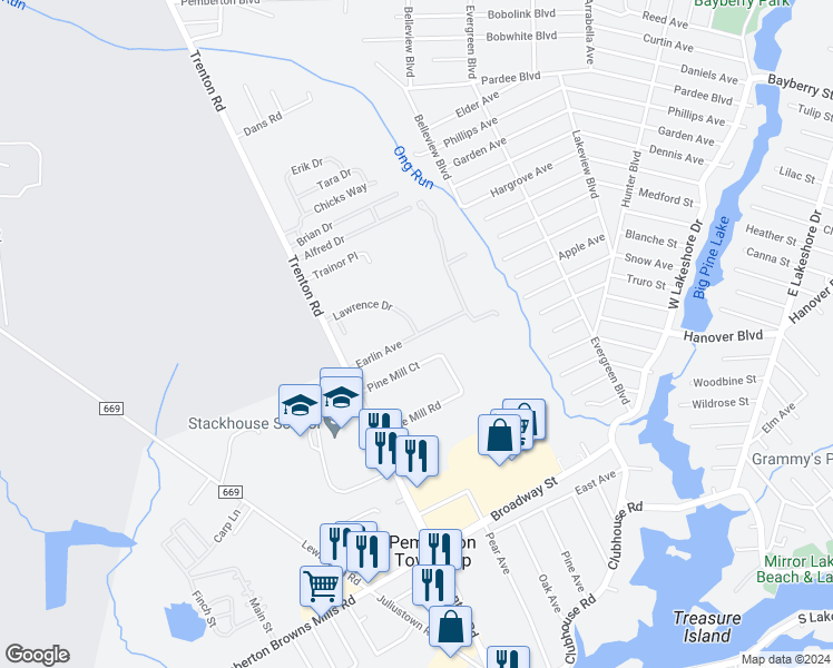 map of restaurants, bars, coffee shops, grocery stores, and more near 13 Lawrence Drive in Browns Mills