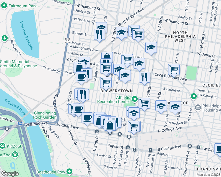 map of restaurants, bars, coffee shops, grocery stores, and more near in Philadelphia