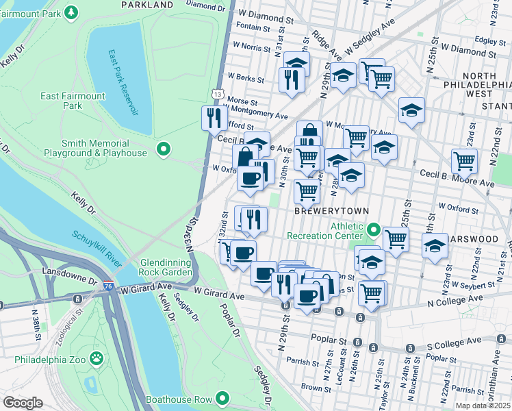map of restaurants, bars, coffee shops, grocery stores, and more near 1501 North 31st Street in Philadelphia
