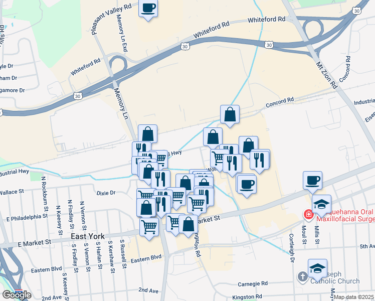 map of restaurants, bars, coffee shops, grocery stores, and more near 2670 Industrial Highway in East York