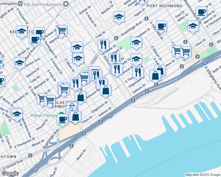 map of restaurants, bars, coffee shops, grocery stores, and more near 2729 Mercer Street in Philadelphia