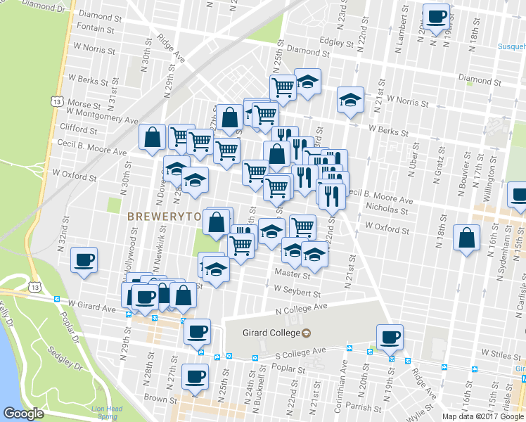 map of restaurants, bars, coffee shops, grocery stores, and more near 2430 West Oxford Street in Philadelphia