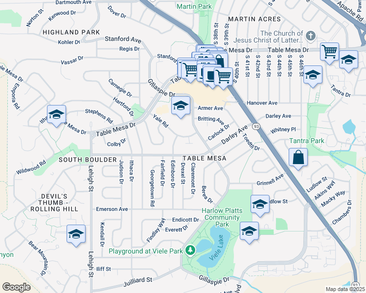 map of restaurants, bars, coffee shops, grocery stores, and more near 1033 Yale Circle in Boulder