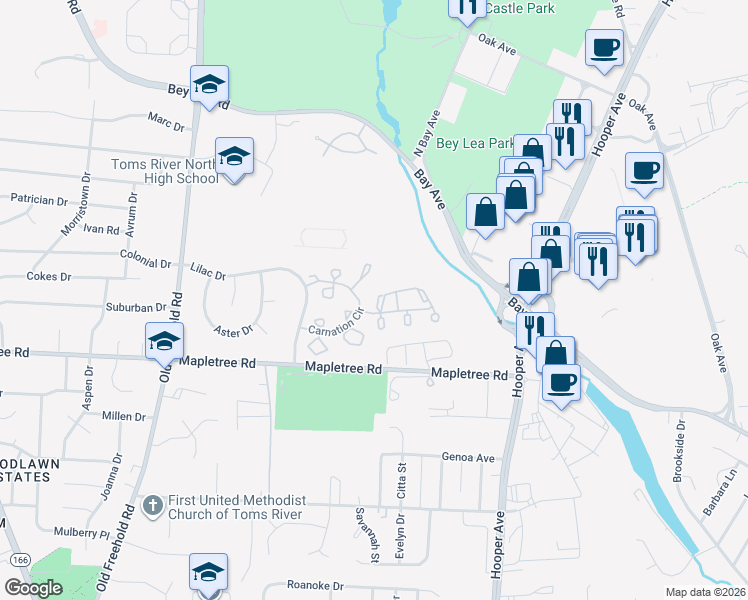 map of restaurants, bars, coffee shops, grocery stores, and more near 73 Orchid Court in Toms River