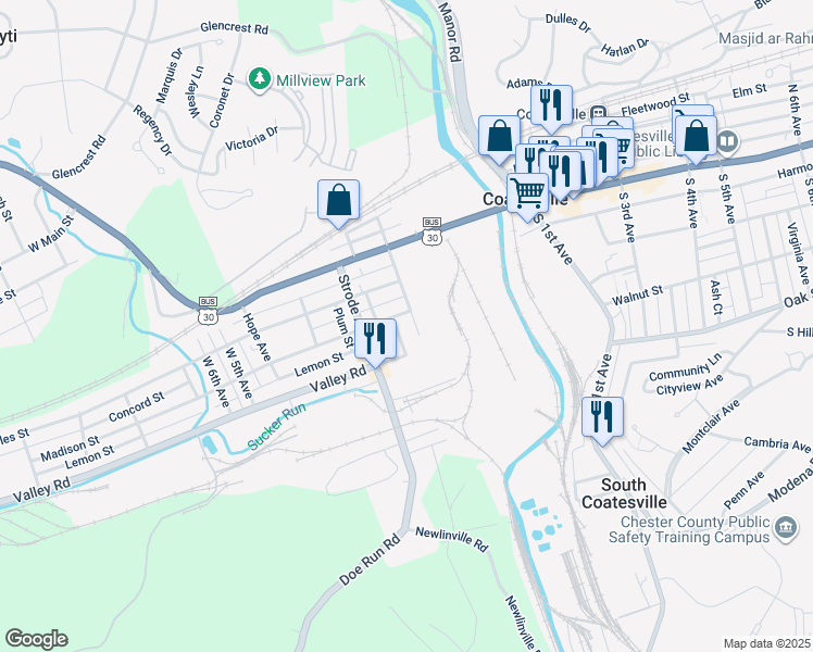map of restaurants, bars, coffee shops, grocery stores, and more near 211 Union Avenue in Coatesville