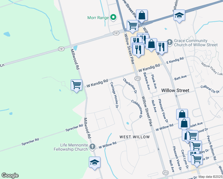 map of restaurants, bars, coffee shops, grocery stores, and more near 30 Carriage House Drive in Willow Street