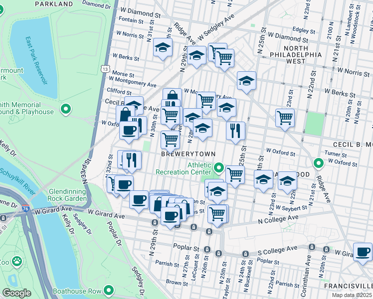 map of restaurants, bars, coffee shops, grocery stores, and more near 1522 North 28th Street in Philadelphia