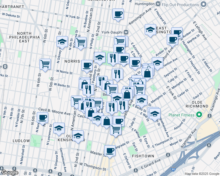 map of restaurants, bars, coffee shops, grocery stores, and more near 1923 North Howard Street in Philadelphia