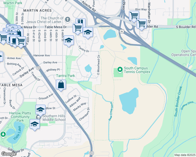 map of restaurants, bars, coffee shops, grocery stores, and more near 4848 West Moorhead Circle in Boulder