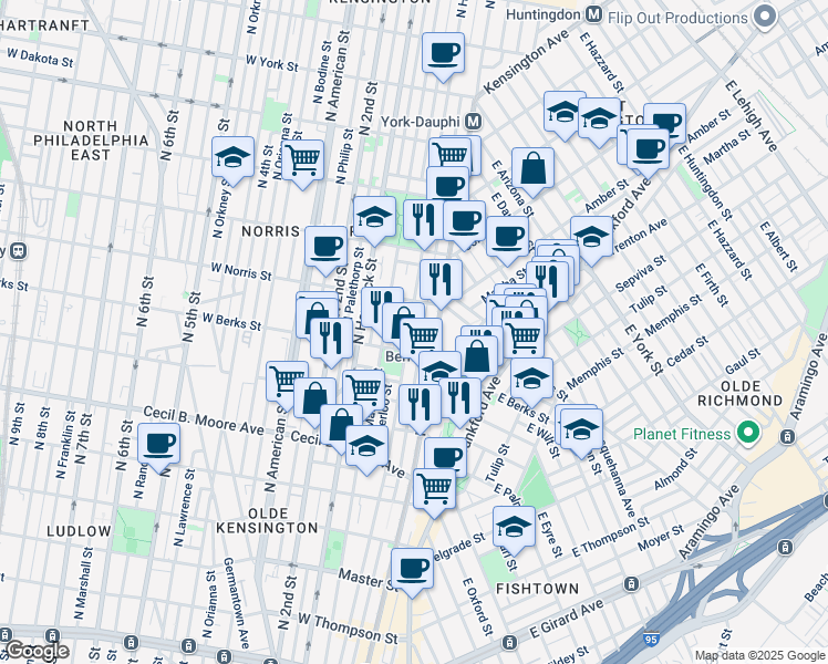 map of restaurants, bars, coffee shops, grocery stores, and more near 1923 North Howard Street in Philadelphia