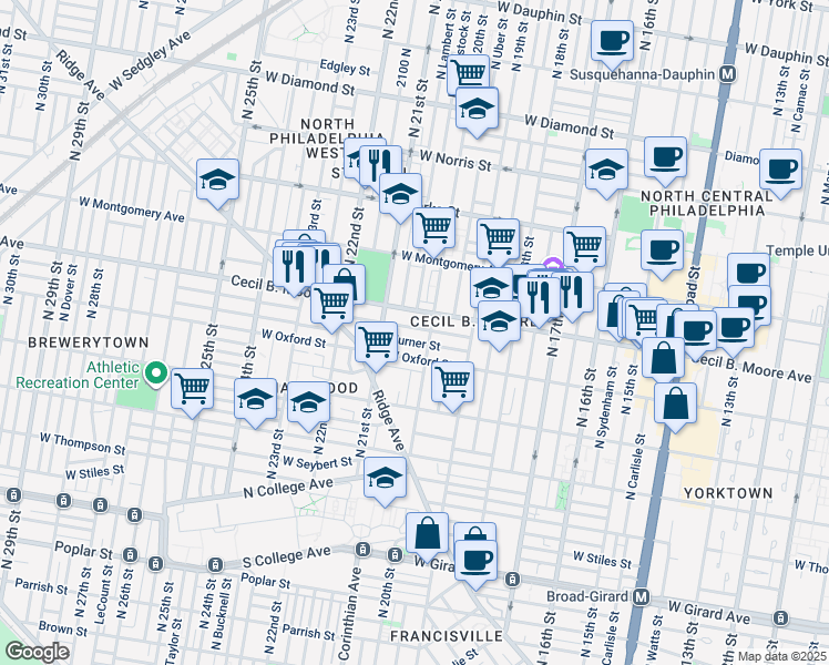 map of restaurants, bars, coffee shops, grocery stores, and more near 2010 Nicholas Street in Philadelphia