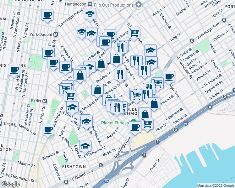 map of restaurants, bars, coffee shops, grocery stores, and more near 2354 East Letterly Street in Philadelphia