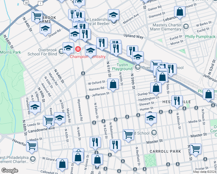 map of restaurants, bars, coffee shops, grocery stores, and more near 6106 Nassau Road in Philadelphia