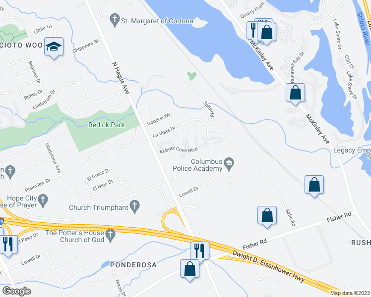 map of restaurants, bars, coffee shops, grocery stores, and more near Abbots Lake Court in Columbus