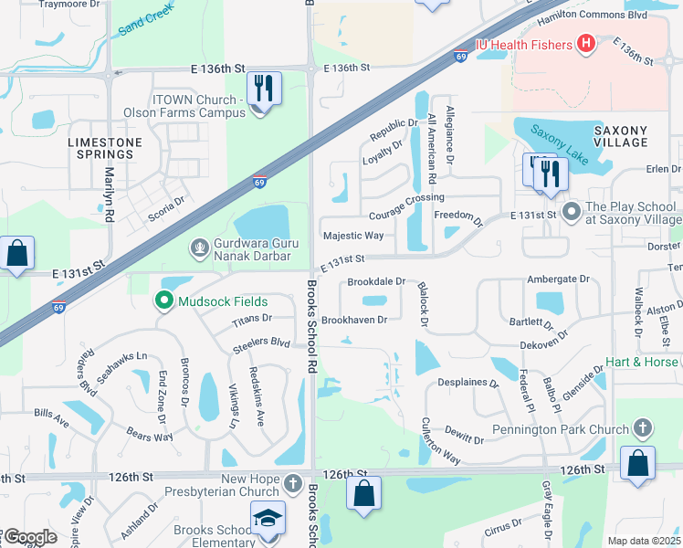 map of restaurants, bars, coffee shops, grocery stores, and more near 12568 Brookdale Drive in Fishers