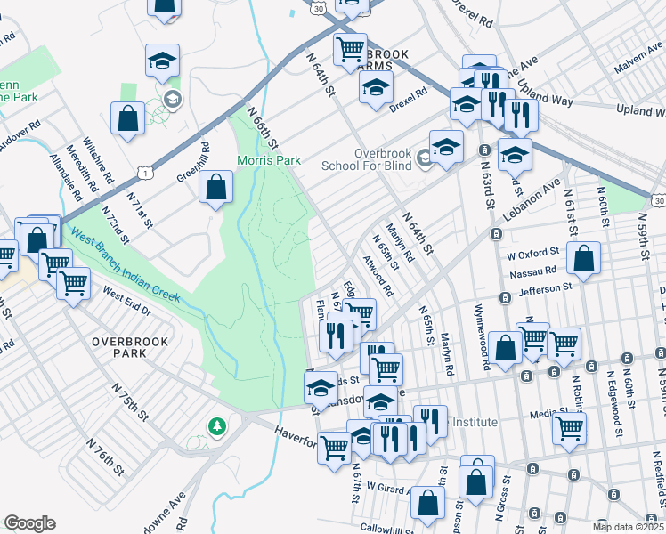 map of restaurants, bars, coffee shops, grocery stores, and more near 6620 Lotus Road in Philadelphia