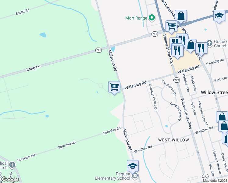 map of restaurants, bars, coffee shops, grocery stores, and more near Kendig Rd in Lancaster