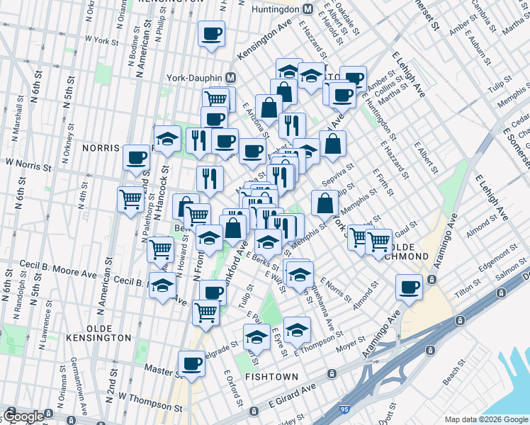 map of restaurants, bars, coffee shops, grocery stores, and more near 2032 Frankford Avenue in Philadelphia