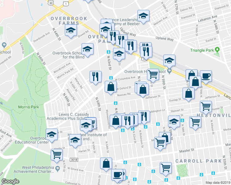 map of restaurants, bars, coffee shops, grocery stores, and more near 925 North 63rd Street in Philadelphia