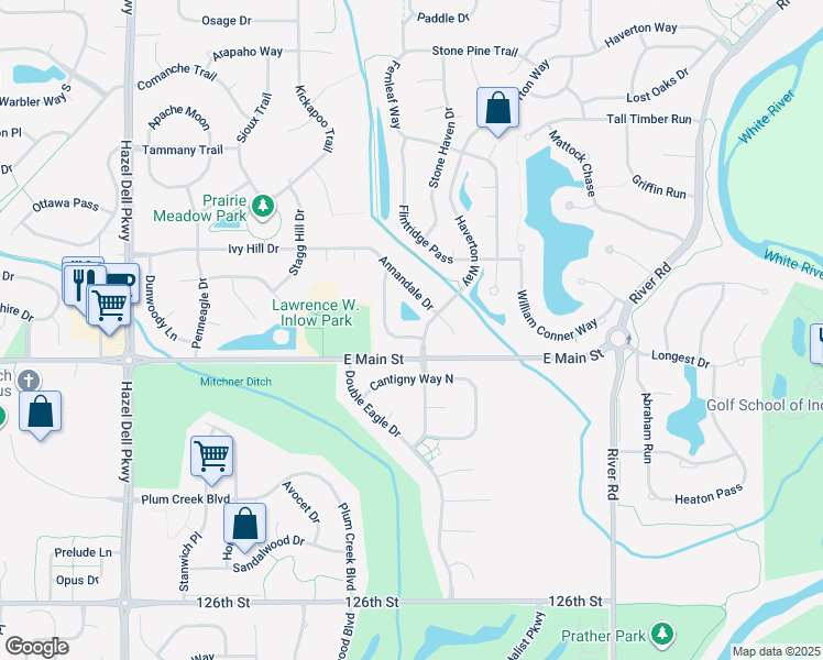 map of restaurants, bars, coffee shops, grocery stores, and more near 5806 Tanager Lane in Carmel