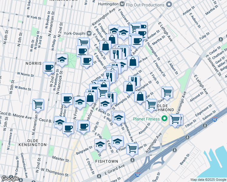map of restaurants, bars, coffee shops, grocery stores, and more near 2217 Sepviva Street in Philadelphia