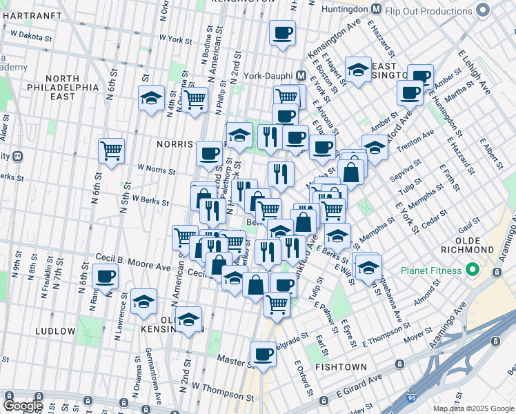 map of restaurants, bars, coffee shops, grocery stores, and more near 1922 North Howard Street in Philadelphia