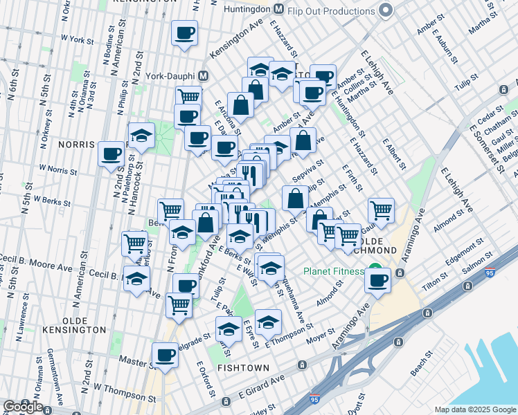 map of restaurants, bars, coffee shops, grocery stores, and more near 2217 Sepviva Street in Philadelphia
