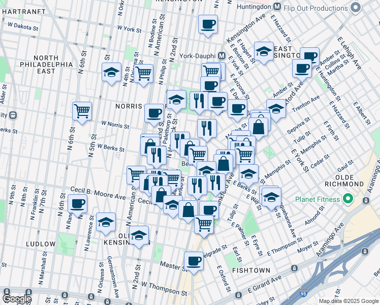 map of restaurants, bars, coffee shops, grocery stores, and more near 1922 North Howard Street in Philadelphia