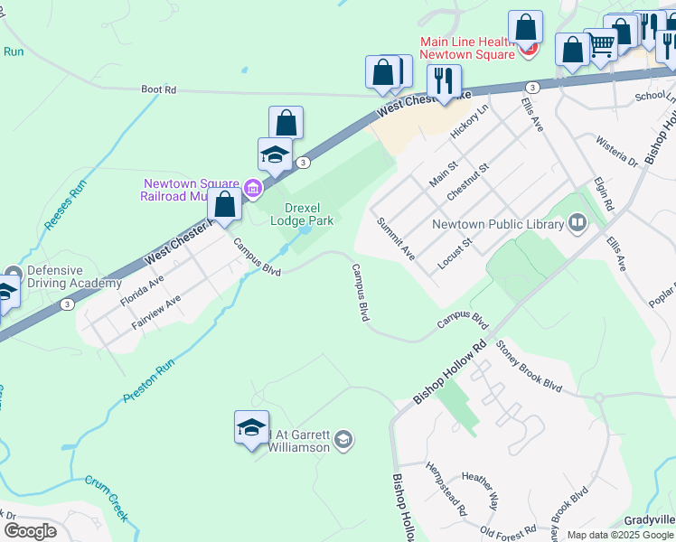 map of restaurants, bars, coffee shops, grocery stores, and more near 18 Campus Boulevard in Newtown Square