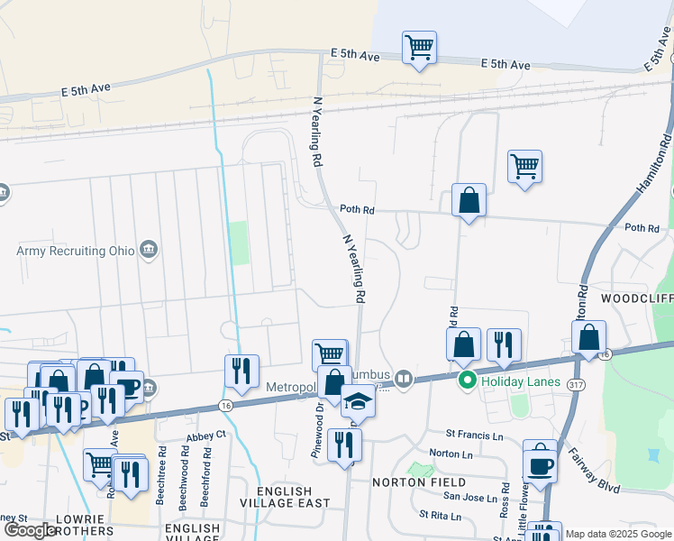 map of restaurants, bars, coffee shops, grocery stores, and more near 165 North Yearling Road in Columbus