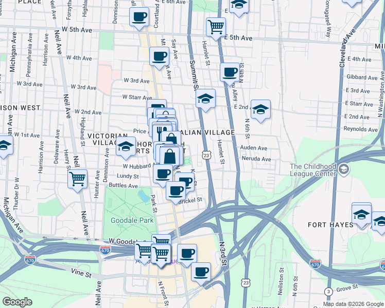 map of restaurants, bars, coffee shops, grocery stores, and more near in Columbus