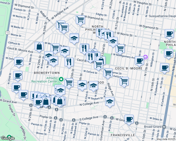 map of restaurants, bars, coffee shops, grocery stores, and more near in Philadelphia