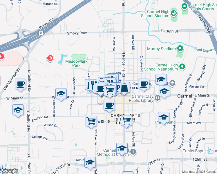 map of restaurants, bars, coffee shops, grocery stores, and more near 204 1st Street Southwest in Carmel