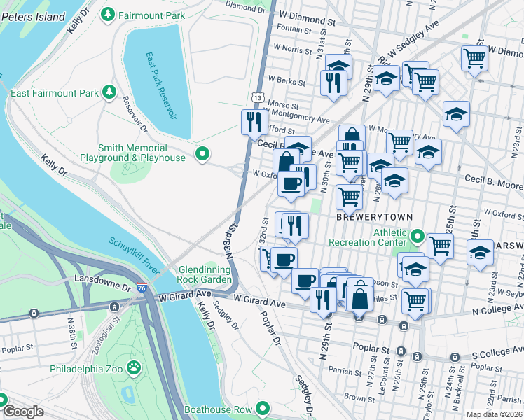 map of restaurants, bars, coffee shops, grocery stores, and more near 1426 North 32nd Street in Philadelphia