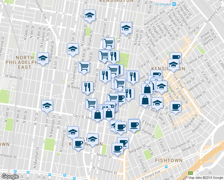 map of restaurants, bars, coffee shops, grocery stores, and more near 1903 North Hancock Street in Philadelphia