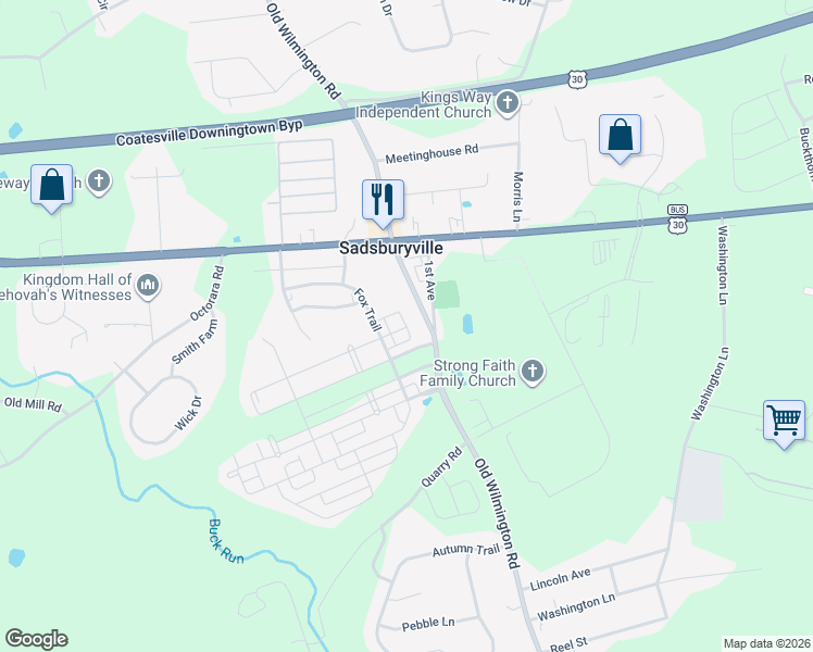 map of restaurants, bars, coffee shops, grocery stores, and more near Maffet Lane in Parkesburg