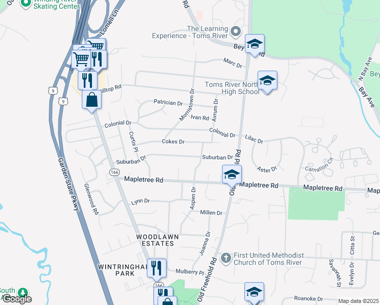 map of restaurants, bars, coffee shops, grocery stores, and more near 352 Suburban Drive in Toms River