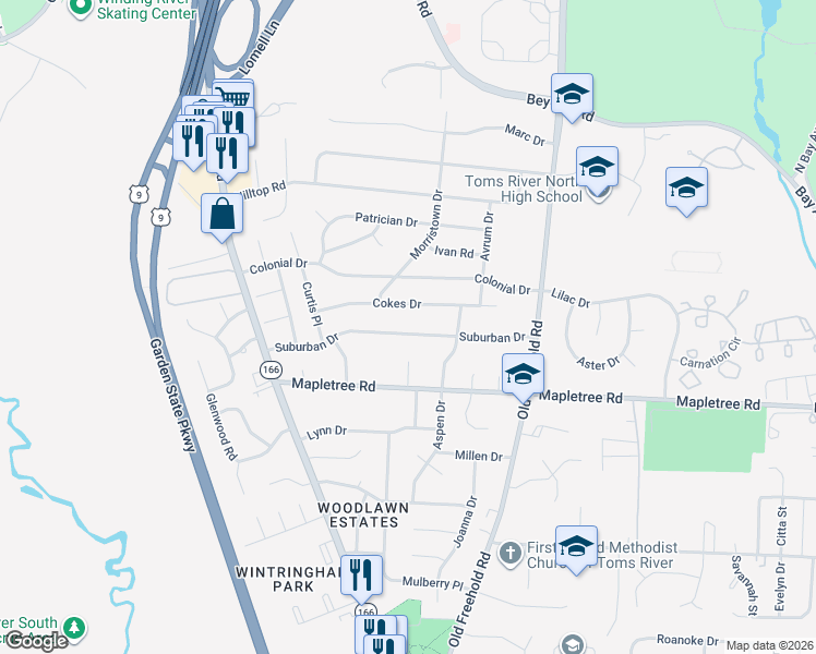 map of restaurants, bars, coffee shops, grocery stores, and more near 332 Suburban Drive in Toms River